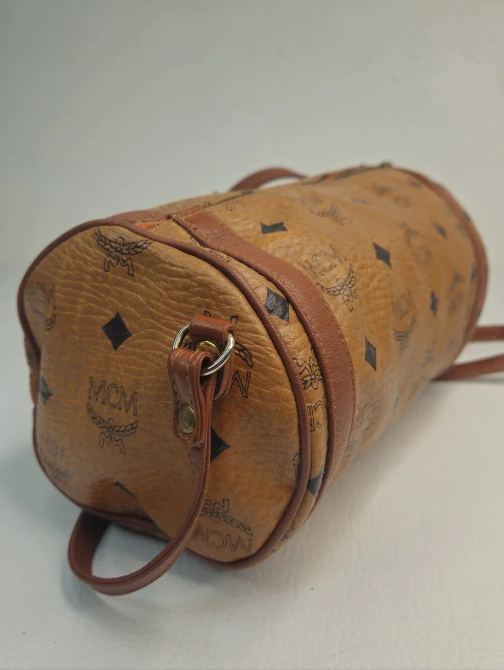 Authentic MCM Monogram Cognac Klassik Visetos Crossbody Barrel Bag